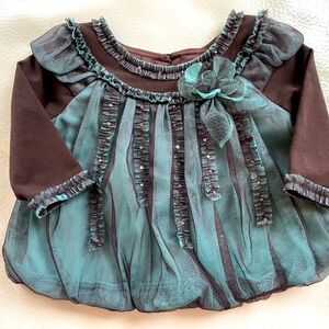 Isabella & Chloe Elegant Party Dress, Pleated Tulle & Sequins, Teal & Brown